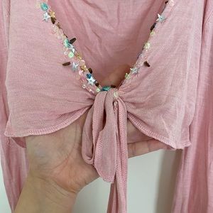 Pink Flare Sleeve Tie-Front Top